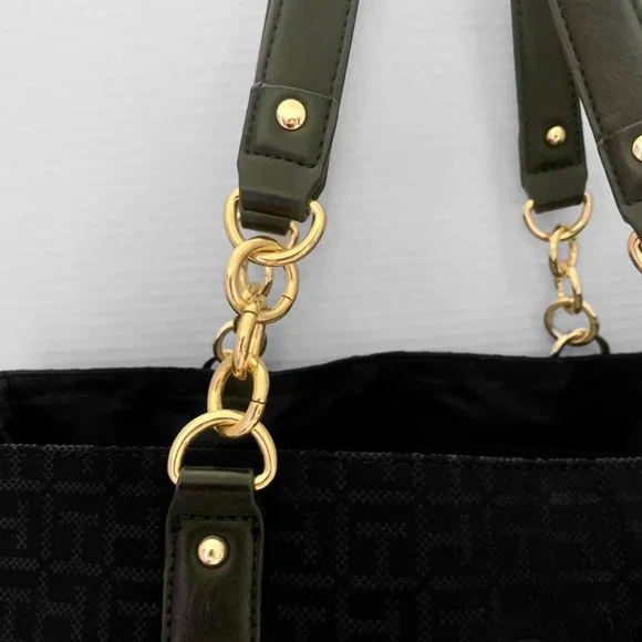 Tommy Hilfiger, Large, Black, T H Motif, Cloth Tote, Chain Handle - Picture 8 of 16